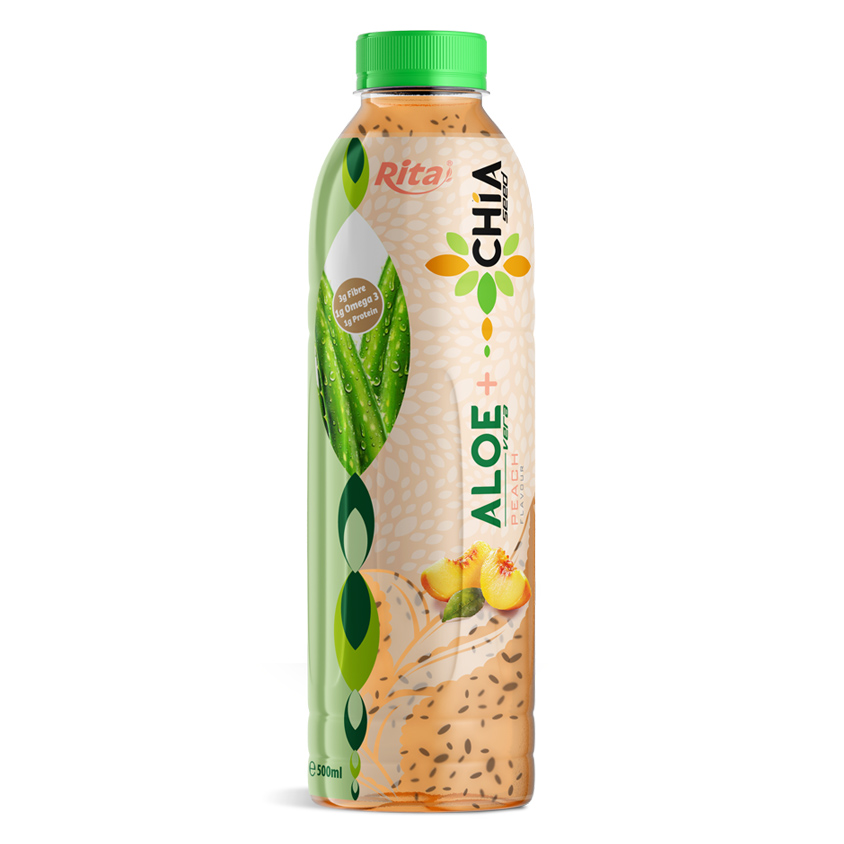 Bebida Rita de aloe vera con semillas de chía y sabor a durazno, 500 ml (16.9 onzas líquidas), botella de PET