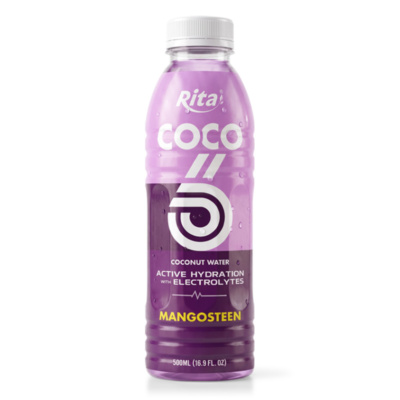 Agua de coco con electrolitos sabor mangostán en botella PET de 500 ml
