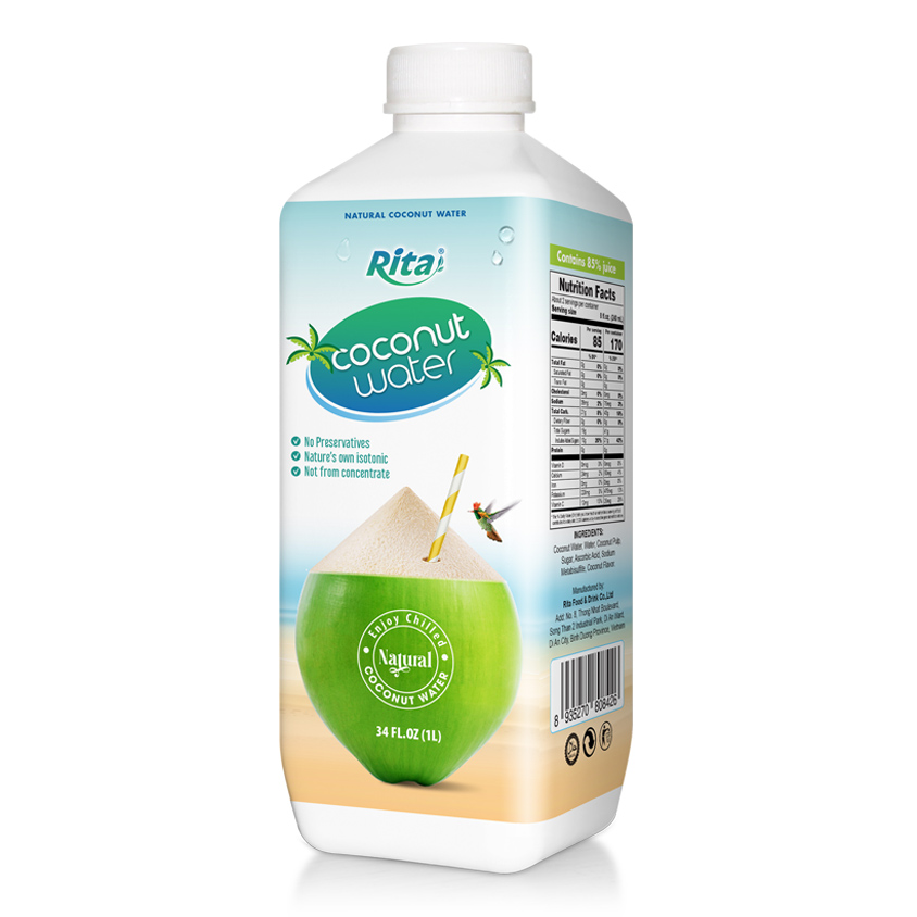 Agua de coco natural Rita, botella de polipropileno de 1 litro – Diseño cuadrado