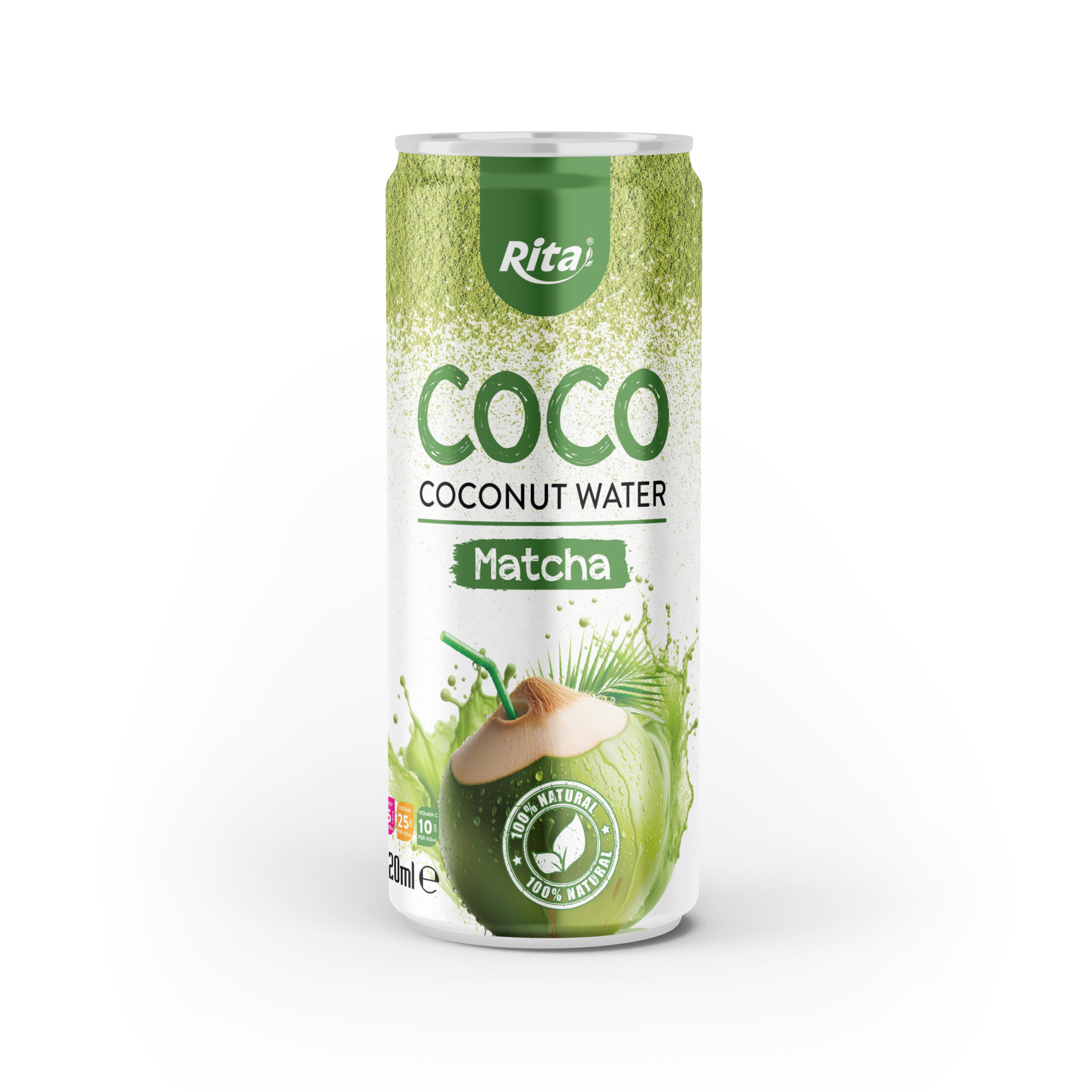 Agua de coco 100 % sabor matcha Rita Coco, lata de 320 ml