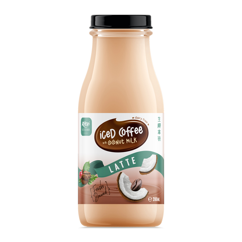 Café helado con leche de coco Latte, botella de vidrio de 280 ml