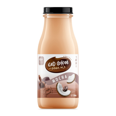 Café helado con leche de coco moca, botella de vidrio de 280 ml