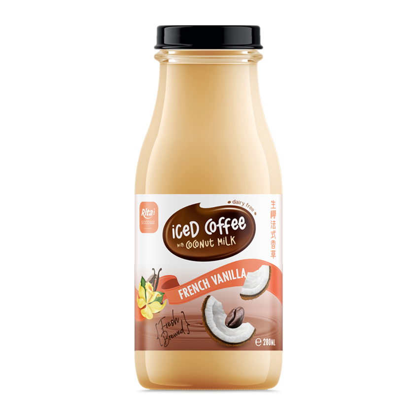 Café helado con leche de coco y vainilla francesa, botella de vidrio de 280 ml