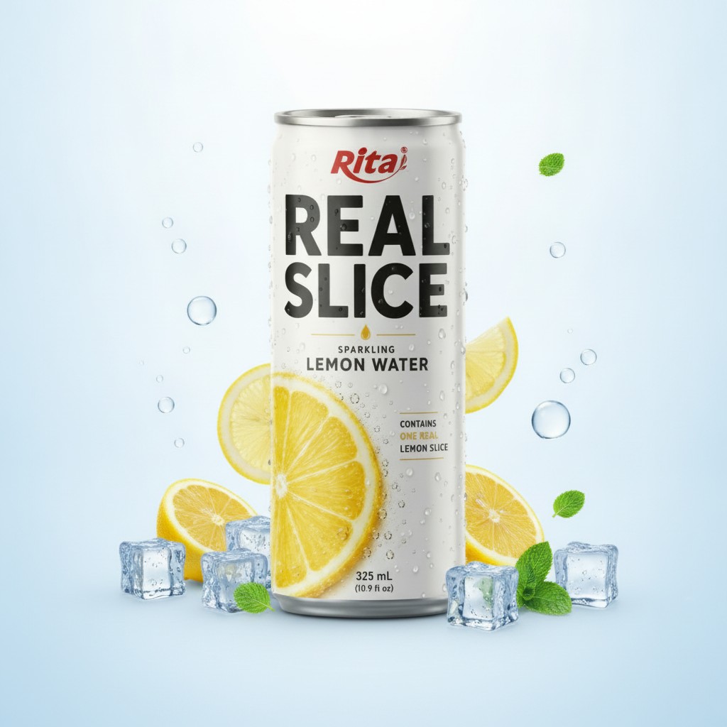Real Lemon Slice Inside Sparkling Water 325ml Slim Cans– Refreshing Beverage Poster 2